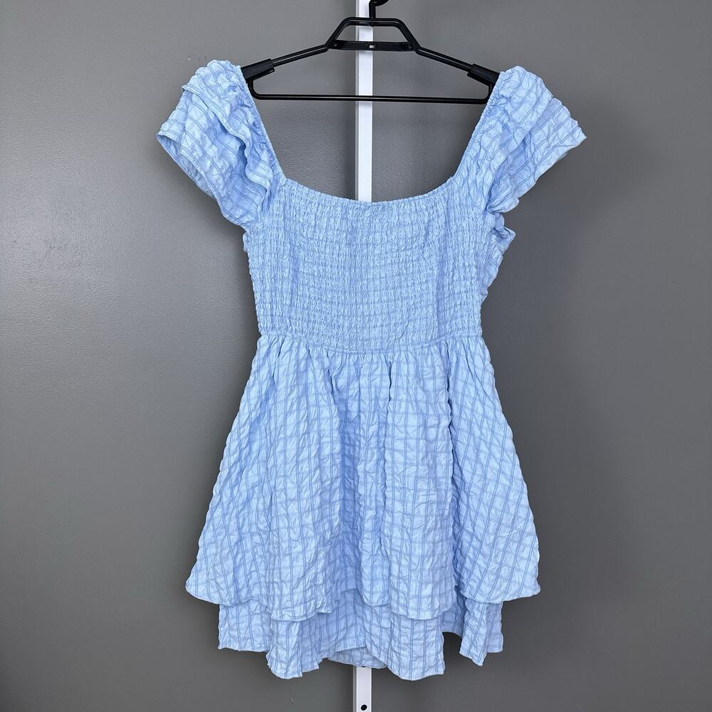Simply Southern Dress Womens XL Light Blue Seersucker Smocked Tiered Mini NWT
